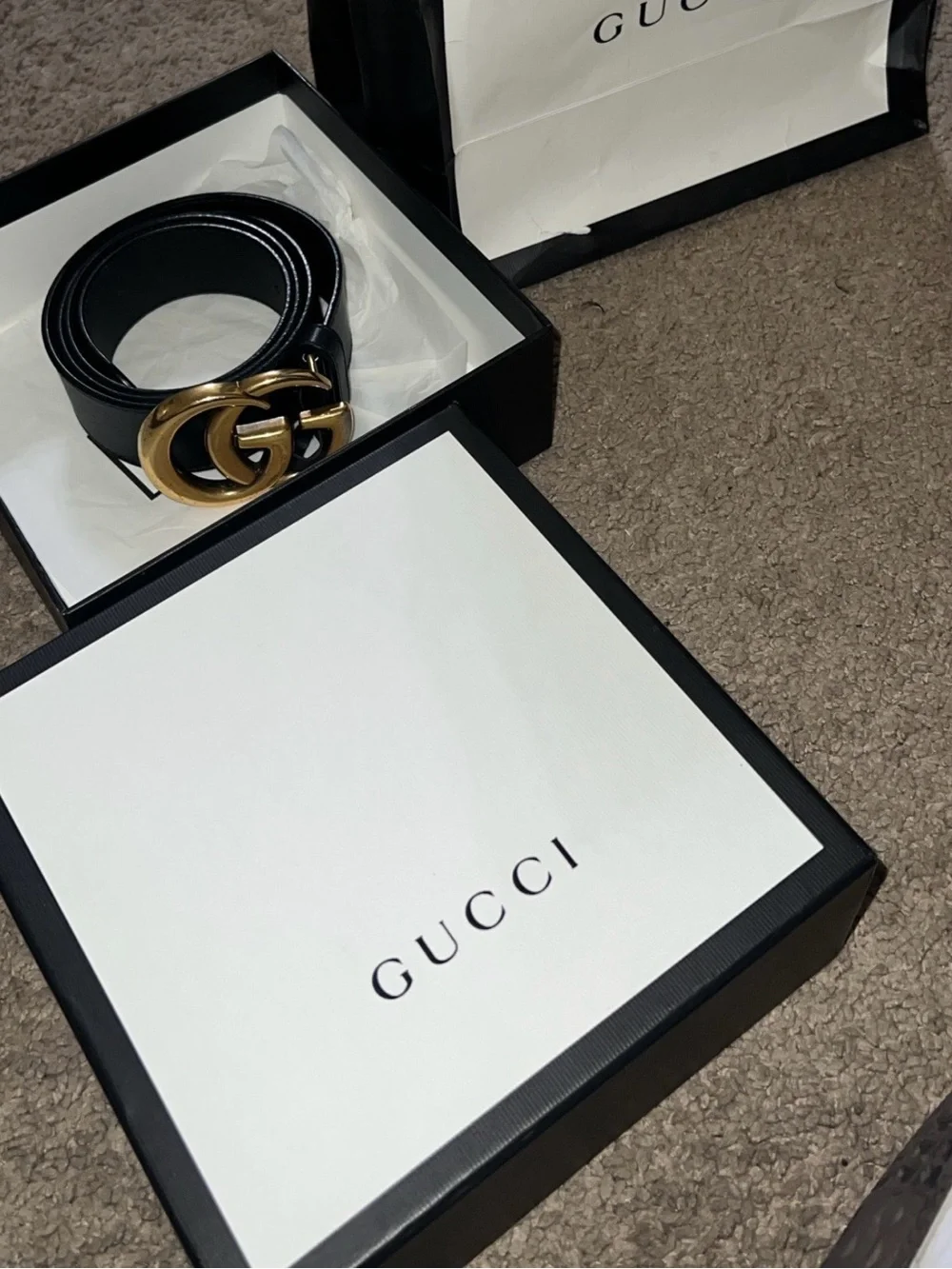 Gucci Black Leather Belt with Gold Interlocking Buckle